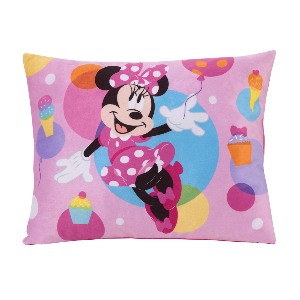 NoJo Disney Minnie Mouse Let's Party Pink, Turquoise, Lavender, and Yellow Balloons, Ice-cream Cones, and Cupcakes Plush Toddler Pillow