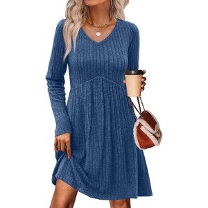 Long Sleeve V-Neck Sweater Dress 2025, Women's Empire Waist Babydoll Fall Dress with Pockets Blue - 1 of 4