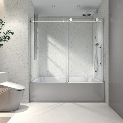 VYNXARIA 60*63 Chrome frameless one fixed and one shifted Shower Door, 70MM 304 stainless steel large pulleys with adjustable soft closing function