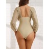 Elerevyo Women's Cut Out Ring Plunge Neck Shirred Long Sleeves Mesh Tummy Control Monokini Swimsuit 1 Pc - 3 of 4
