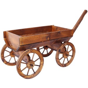 TUYOHW Wooden Wagon Flower Planter on Wheels,Large Barrel Pot Stand with Handle for Outdoor Garden,Patio & Home Decor,Brown - 1 of 4