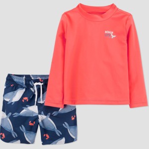 Carter's Just One You&#174 Toddler Boys&#39 Long Sleeve Whale Printed Rash Guard Swimsuit Sets - Orange/Navy Blue - 1 of 4
