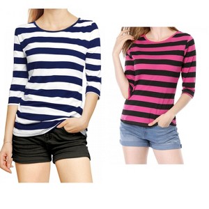 Allegra K Women's Elbow Sleeves Round Neck Slim Fit T-Shirt 2 Packs - 1 of 4