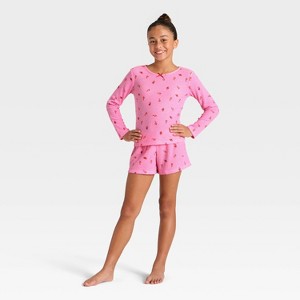 Girls' 2pc Long Sleeve Christmas Waffle Knit Pajama Set - Cat & Jack™ Pink - 1 of 4
