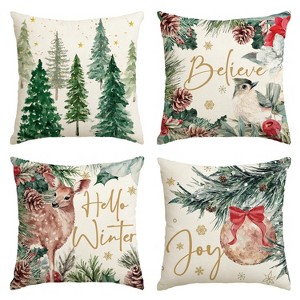 Joy Christmas Holly Berries Reindeer Believe Throw Pillow Covers, 18 x 18 Inch - 1 of 3