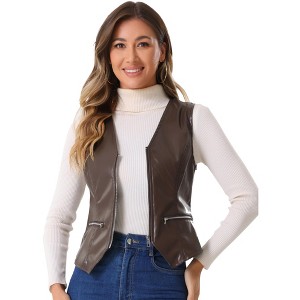 Allegra K Women's Faux Leather Waistcoat V Neck Sleeveless Zipper Motorcycle Biker Vest Jacket - 1 of 4