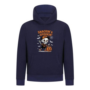 Everyday Kids “Snackin’ & Spookin’” Pullover Halloween Hoodie – Skeleton Trick-or-Treater with Candy Bag – Cozy Fall Sweatshirt for Boys, Navy - 1 of 3