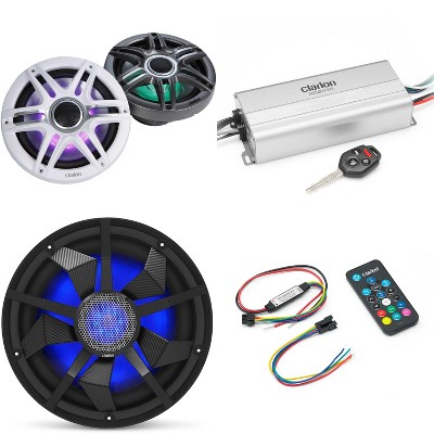 Clarion Marine 4 Channel Amp & Premium 7.7" w/ 12" Black Grill Boat Audio Upgrade Bundle ( Includes LED Remote )