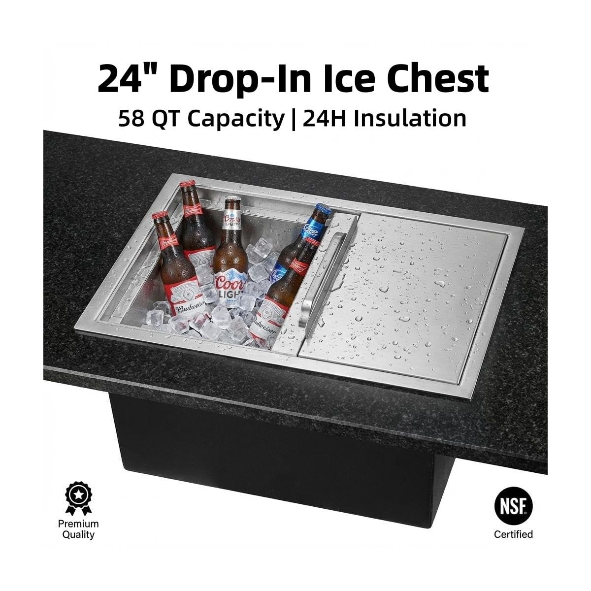 Drop-In Ice Chest 58 Qt, Stainless Steel Ice Bin with Lid & Drain Pipe, Insulated Outdoor Cooler for Bar & Kitchen - thumbnail 6