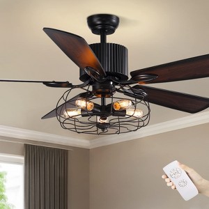 Ludomide Industrial Caged Ceiling Fan Light, 52" Vintage Fandelier with Remote, Black Retro Design, 5 Reversible Wood Blades for Living Room, Bedroom - 1 of 4