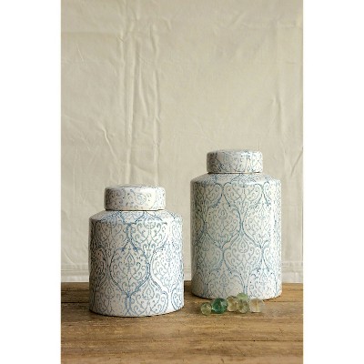 Elegant Blue and White Floral Ceramic Ginger Jar, 10" High