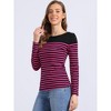 INSPIRE CHIC Women's Color Block Round Neck Long Sleeves Striped Basic T-Shirt - 2 of 4