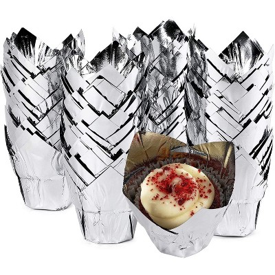 Sparkle and Bash 100 Pack Tulip Cupcake Liners, Foil Muffin Wrappers Baking Cups (Silver, 3.35 x 3.5 In)