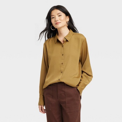 Women&#39;s Long Sleeve Satin Button-Down Shirt - A New Day&#8482; Olive Green S