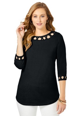 Jessica London Women's Plus Size Stretch Cotton Lattice Boatneck Tunic