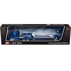 Kenworth W990 with 76" Mid-Roof Sleeper and Fontaine Magnitude Lowboy w/Flip Axle Blue 1/64 Diecast Model by DCP/First Gear - 1 of 3