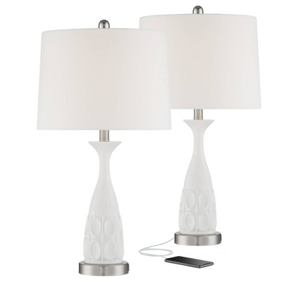 360 Lighting Mid Century Modern Table Lamps Set of 2 with USB Charging Port White Tapered Drum Shade Living Room Bedroom Bedside