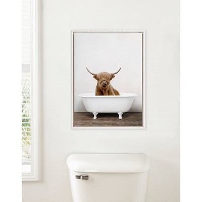 Highland Cow in Bathtub White Framed Canvas Art