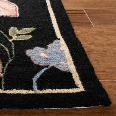Black Floral Hand-Hooked Wool Area Rug 8'9" x 11'9"