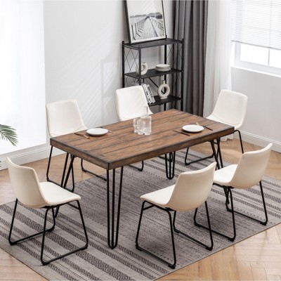 NicBex Dining Room Table Set for 6 Industrial Dining Table Set with Wooden Tabletop, 6 Faux Leather Chairs for Kitchen