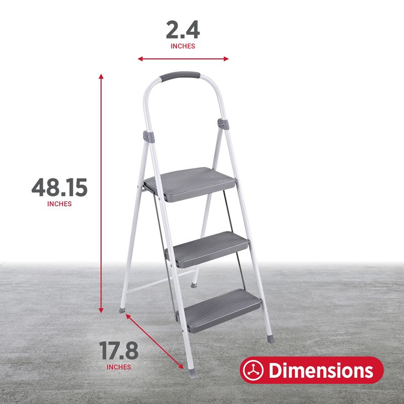 Rubbermaid 3 Step Folding Ladder Steel Step Stool with 225 Pound Capacity, Rubber-Padded Feet, Locking Mechanism and Hand Grip, White, 4 of 7