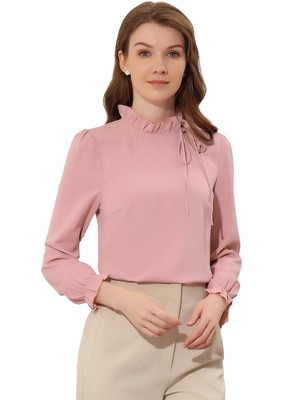 INSPIRE CHIC Women's Elegant Long Sleeve Ruffle Tie Neck Business Work Top