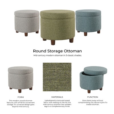 Green Tweed Round Storage Ottoman with Wood Legs