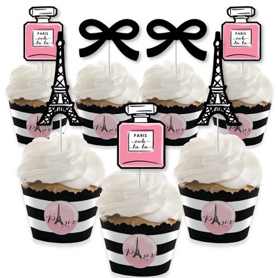 Big Dot of Happiness Paris, Ooh La La - Cupcake Decoration - Paris Themed Baby Shower or Birthday Party Cupcake Wrappers & Treat Picks Kit - Set of 24