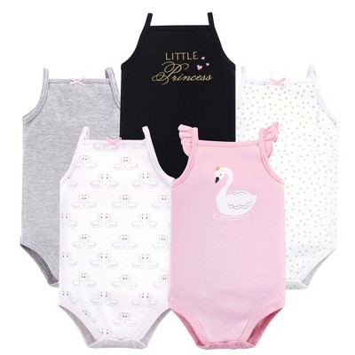 Image of Hudson Baby Infant Girl Cotton Sleeveless Bodysuits 5pk, Swan, 6-9 Months