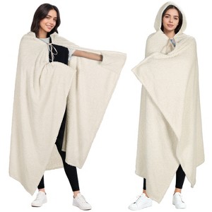 Catalonia Women Hooded Wearable Blanket Cape Cardigan Cloak Wrap Shawls Snuggy Fuzzy Fleece Cape with Hand Pockets, Woman Cozy Gift Plush Throw Wrap - 1 of 4