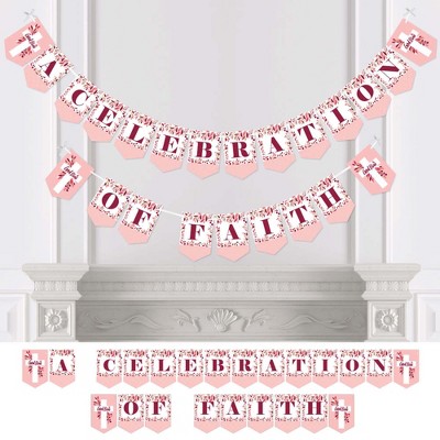 Big Dot of Happiness Pink Elegant Cross - Girl Religious Party Bunting Banner - Party Decorations - A Celebration of Faith