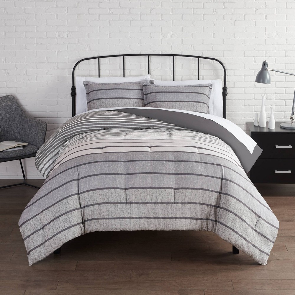 Photos - Duvet Serta 3pc Full/Queen Conrad Variegated Stripe Antimicrobial Comforter Set Charcoal  