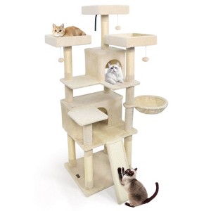 Costway 65” Tall Multi-level Cat Tree with 3 Upholstered Top Perch 2 Cat Condos Cat Basket Beige/Light Gray/Dark Gray/Pink - 1 of 4