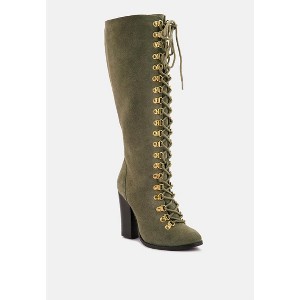 STREET-SLAY Antique Eyelets lace up Knee Boots In Olive - 1 of 4