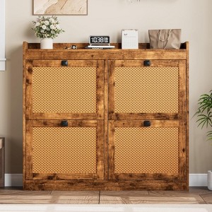 Shoe Storage Cabinet with 4 Flip Drawers, Wood Shoe Cabinet with Rattan Doors & Adjustable Shelves, Freestanding Shoe Organizer for Entryway, Hallway - 1 of 4