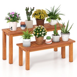 Tangkula Wooden Plant Stand Set of 2 w/ Teak Oil Finish Slatted Top Rustic Plant Rack - 1 of 4