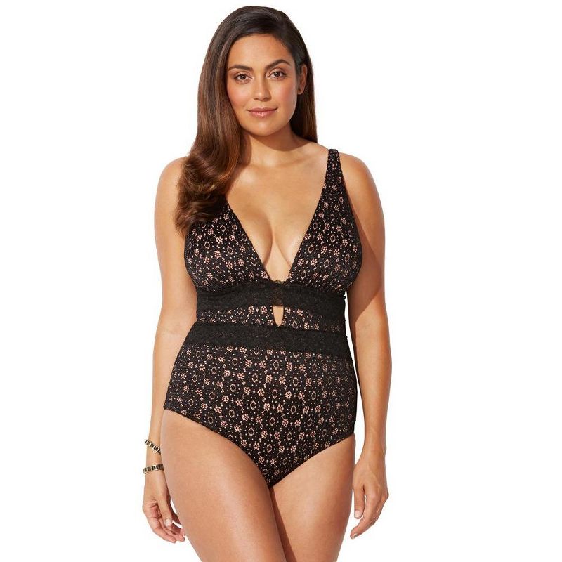 Swimsuits for All Women's Plus Size Lace Plunge One Piece Swimsuit, 1 of 2