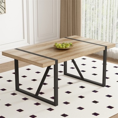 Kitchen Dining Table For 4-6 Person, Rural Industrial Rectangular Dining Table With Grain MDF Tabletop And Black Metal Legs