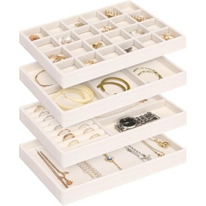 4-Piece Stackable Velvet Jewelry Tray Set, Drawer Organizer Inserts for Earrings, Necklaces, Watches & Rings, Beige - 1 of 4
