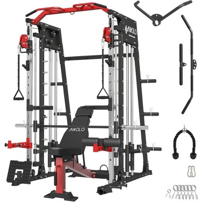 ER KANG Smith Machine, 2200lbs Squat Rack with LAT-Pull Down System & Cable Crossover Machine, Training Equipment with Leg Hold-Down Attachment