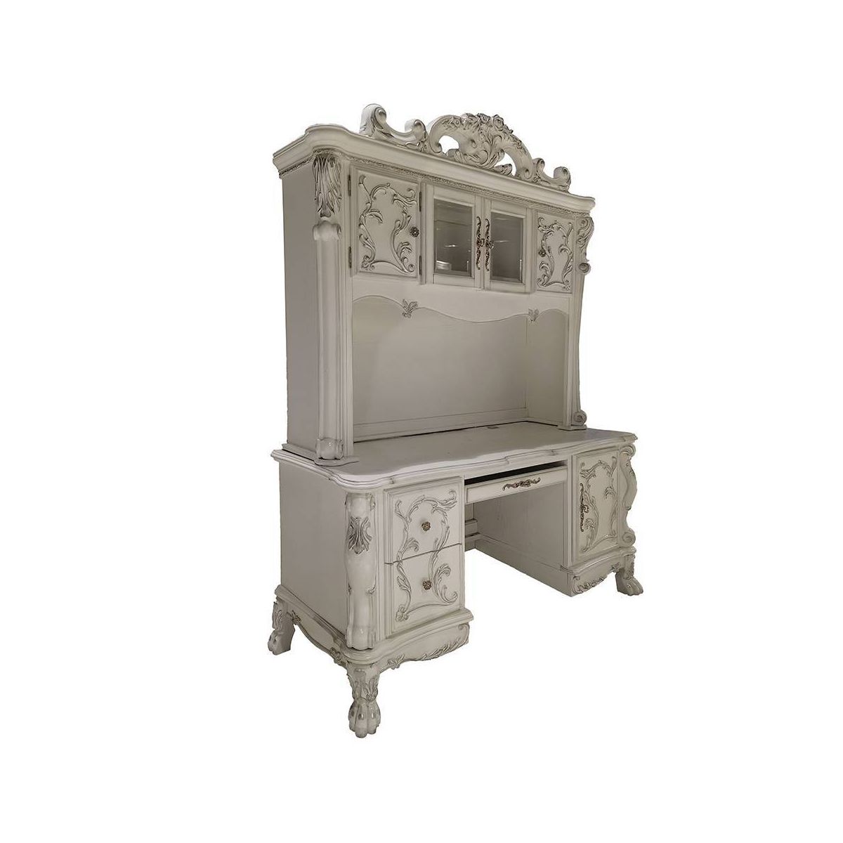 88" Dresden Desks Bone White Finish - Acme Furniture: Claw Feet, Decorative Moldings, Storage Hutch