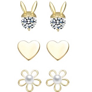 Guili 14K Gold Plated 3-Piece Stud Earring Set with Clear Cubic Zirconia and Mother of Pearl Rabbit, Heart, and Flower for a Simple, Elegant Look - 1 of 2