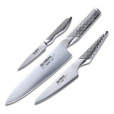 Global Classic Stainless Steel 3 Piece Knife Set with Chef's Knife, Chef's Utility Knife, and Paring Knife