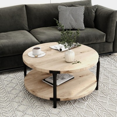 29.6" Round Boho Coffee Table,Modern Double Layer Wood Center Table with Storage Shelf for Living Room,Bedroom-Baofuwish