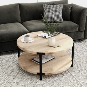 29.6" Round Boho Coffee Table,Modern Double Layer Wood Center Table with Storage Shelf for Living Room,Bedroom-Baofuwish - 1 of 4