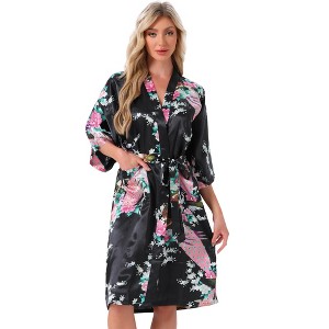 INSPIRE CHIC Women's Midi Robe Silky V-Neck Floral Print Sleepwear Bachelorette Robe Soft Nightgown - 1 of 4