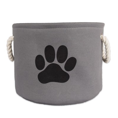 Gray Round Collapsible Pet Toy Storage Bin with Paw Print