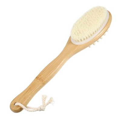 Unique Bargains Double-Side Long Handle Bath Brush for Shower 13.78"x2.99" Beige 1 Pc