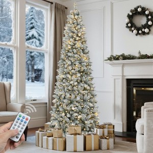 7.5ft Pre-lit Snow Flocked Pencil Christmas Tree with Remote 1000 Branch Tips and 350 Lights - 1 of 4