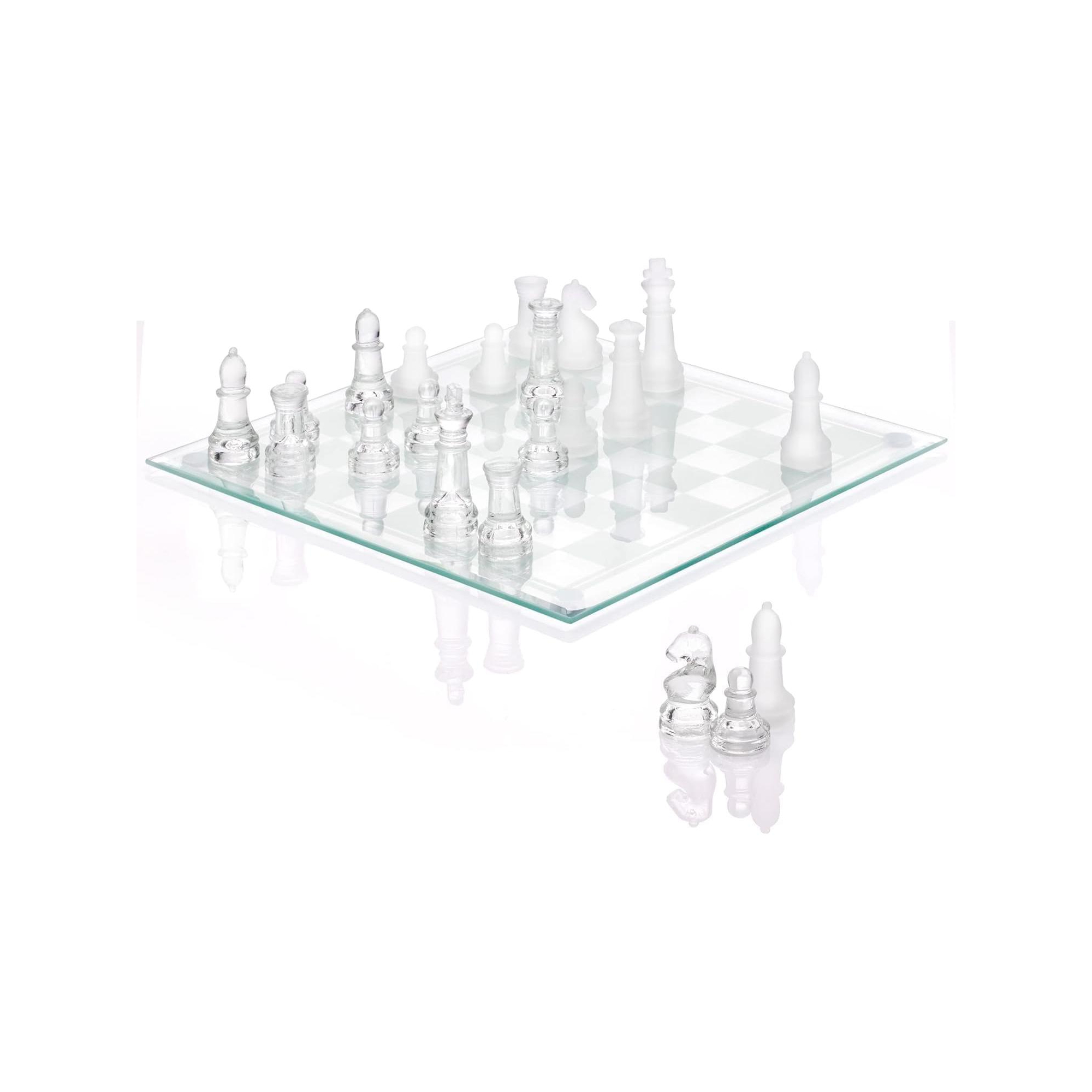 Modern 9.7" Glass Chess Set with Solid Clear & Frosted Pieces, Crystal Board, Felt Padding Included – Elegant & Durable Deluxe Game Set